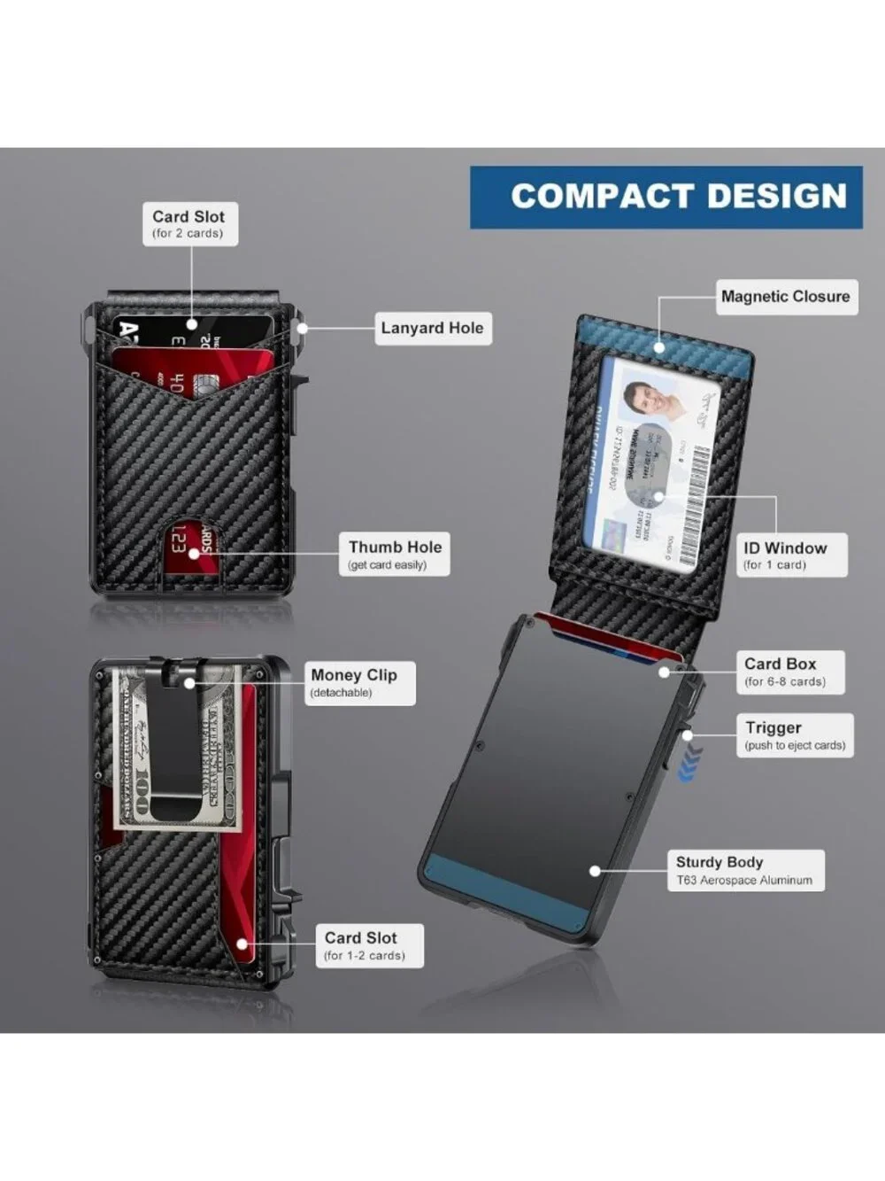 Slim Minimalist Wallet for Men, RFID Blocking, Compact Design, Money Clip & ID